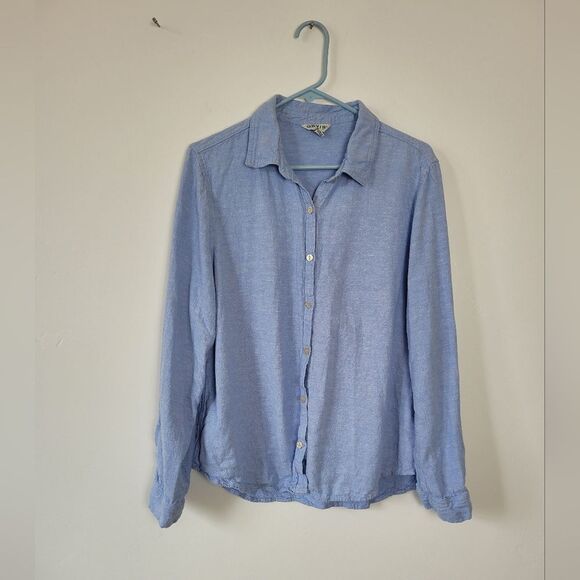 Orvis Linen Blend Button Up Blouse Top Cornflower Blue Summer Lightweight Large - Picture 5 of 9